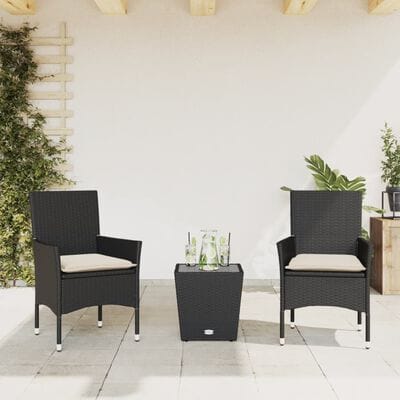 3-tlg. Bistro-Set mit Kissen & Tisch aus Hartglas / Akazienholz & Poly Rattan (6Farben 2Varianten)