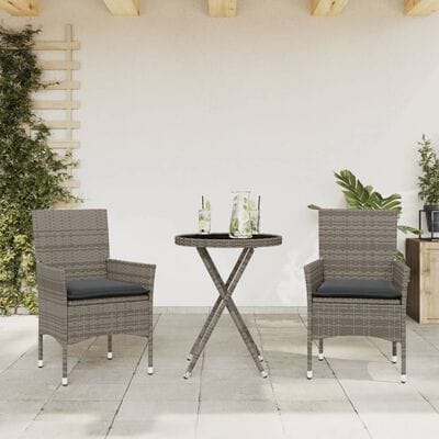 3-tlg. Bistro-Set mit Kissen & Tisch aus Hartglas & Poly Rattan (6Farben)
